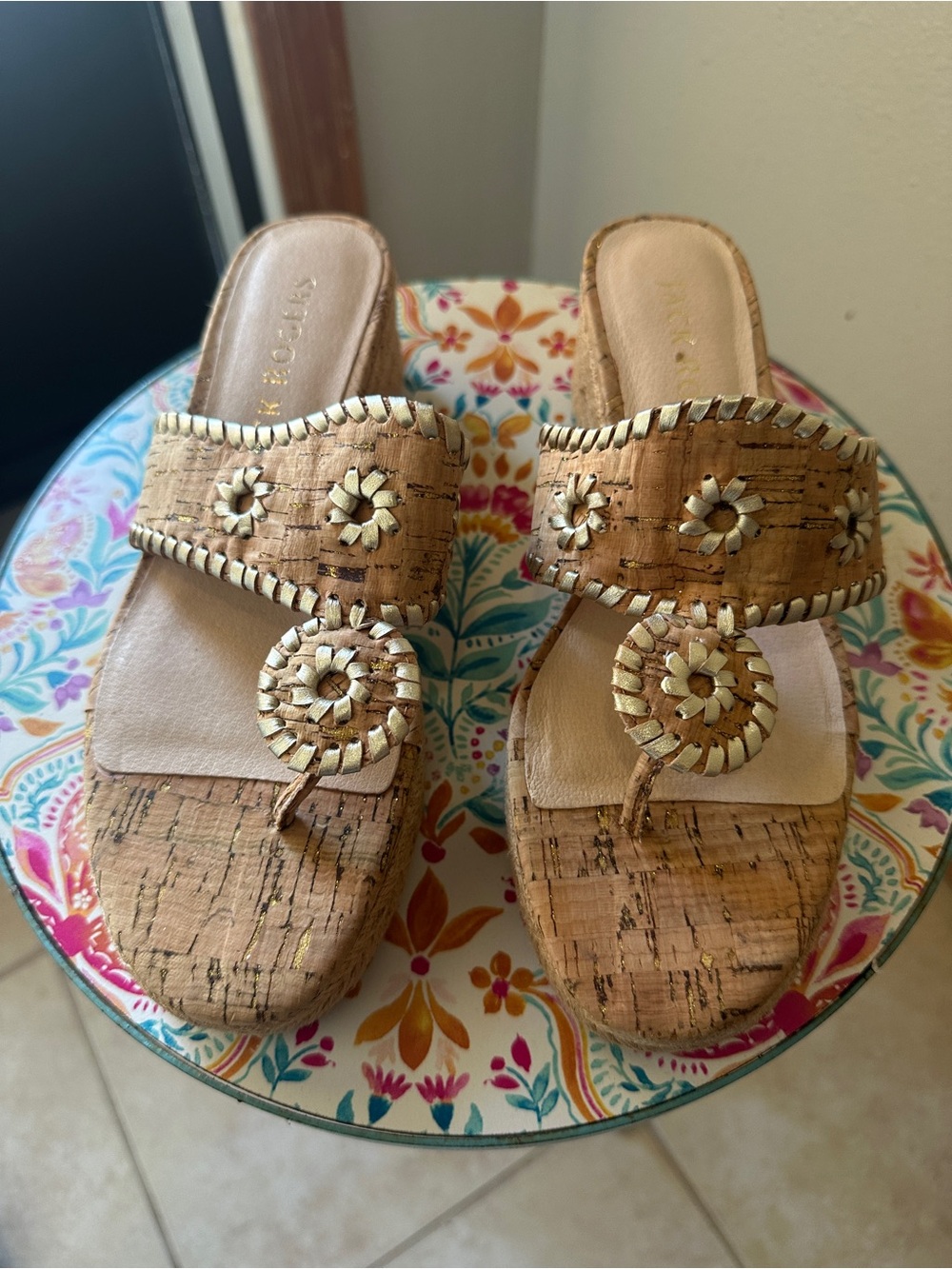 Jack Rogers Cork Wedge Slides with Braided Medallion - Tan